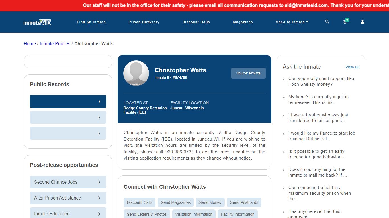 Inmate Search: Christopher Watts 674796, Juneau, Wisconsin